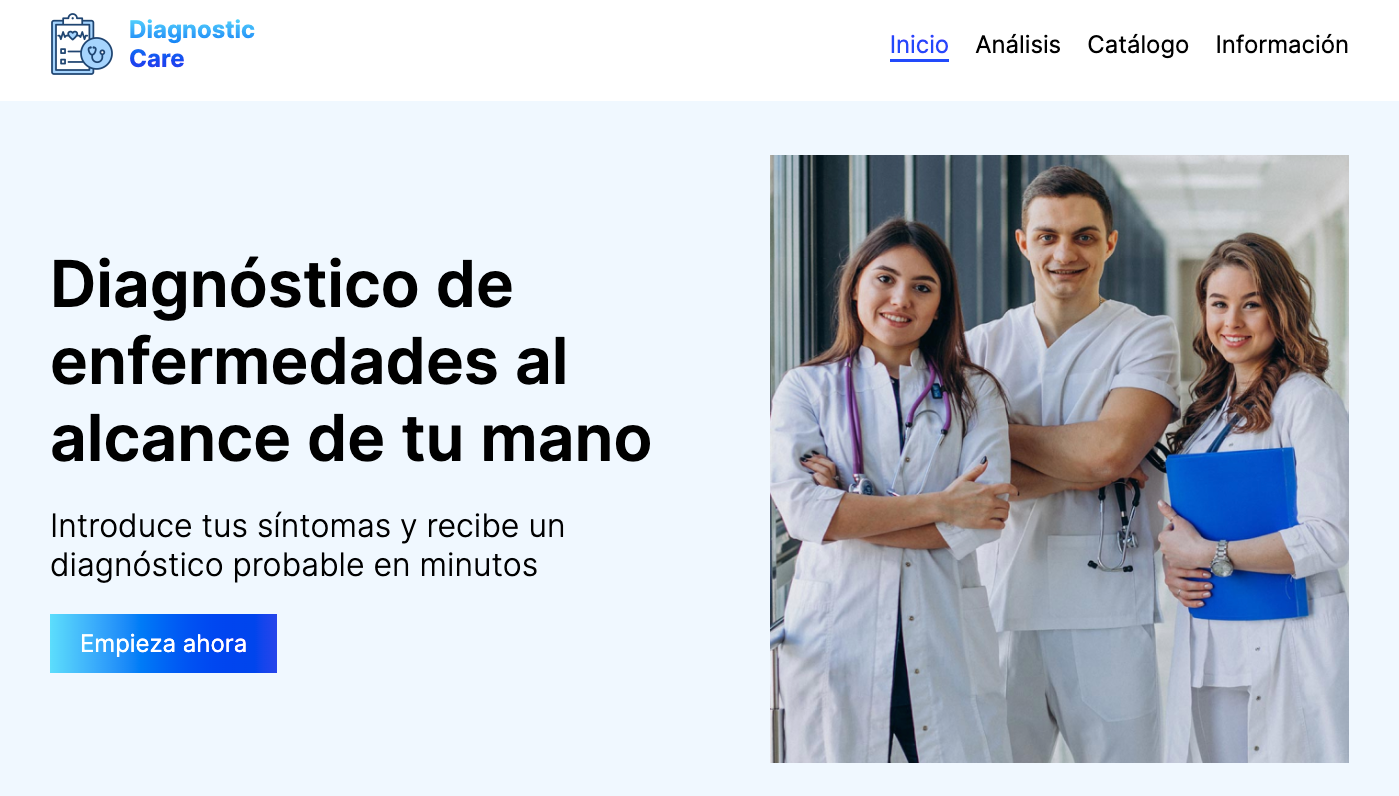 Página principal del prototipo académico Diagnostic Care